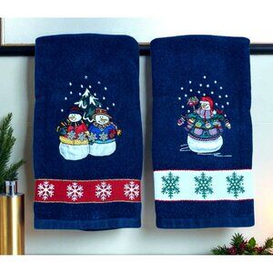 2 VTG Christmas Snowman Hand Towel Embroidered Snowflakes Tree Holiday Decor JCP